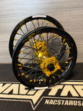 Nacstar wheel set for cobra CX 65 with gold hubs and black excel rims including spacers hubs are made from 6082 aluminum