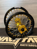 Nacstar wheel set for cobra CX 65 with gold hubs and black excel rims including spacers hubs are made from 6082 aluminum