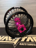 Nacstar wheel set for cobra CX 65 with pink hubs and black excel rims including spacers hubs are made from 6082 aluminum