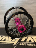 Nacstar wheel set for cobra CX 65 with pink hubs and black excel rims including spacers hubs are made from 6082 aluminum