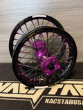 Nacstar wheel set for cobra CX 65 with purple hubs and black excel rims including spacers hubs are made from 6082 aluminum