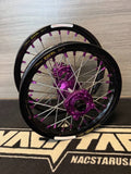 Nacstar wheel set for cobra CX 65 with purple hubs and black excel rims including spacers hubs are made from 6082 aluminum