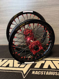 Nacstar wheel set for cobra CX 65 with red hubs and black excel rims including spacers hubs are made from 6082 aluminum