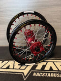 Nacstar wheel set for cobra CX 65 with red hubs and black excel rims including spacers hubs are made from 6082 aluminum